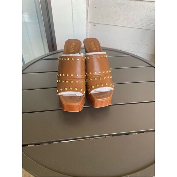 NWOB Michael Kors Jagger Studded Platform Mule Heel Sandal Brown Boho Size 7M - Picture 12 of 13